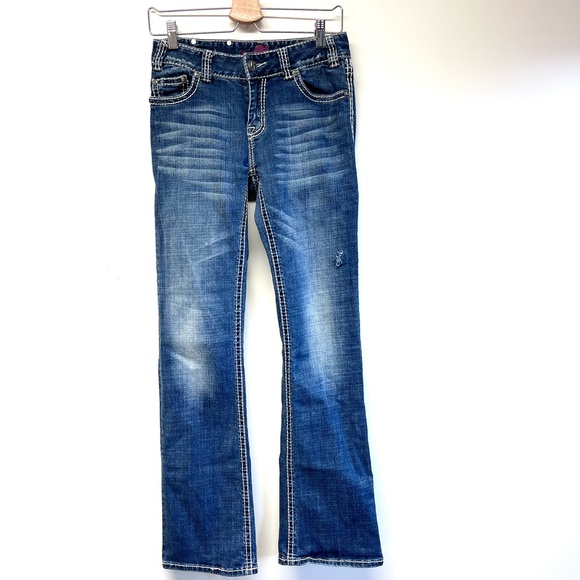 R&R Cowgirl 29"x24" Tall Bootcut Flare Low Mid Rise dark blue distressed - Picture 3 of 11